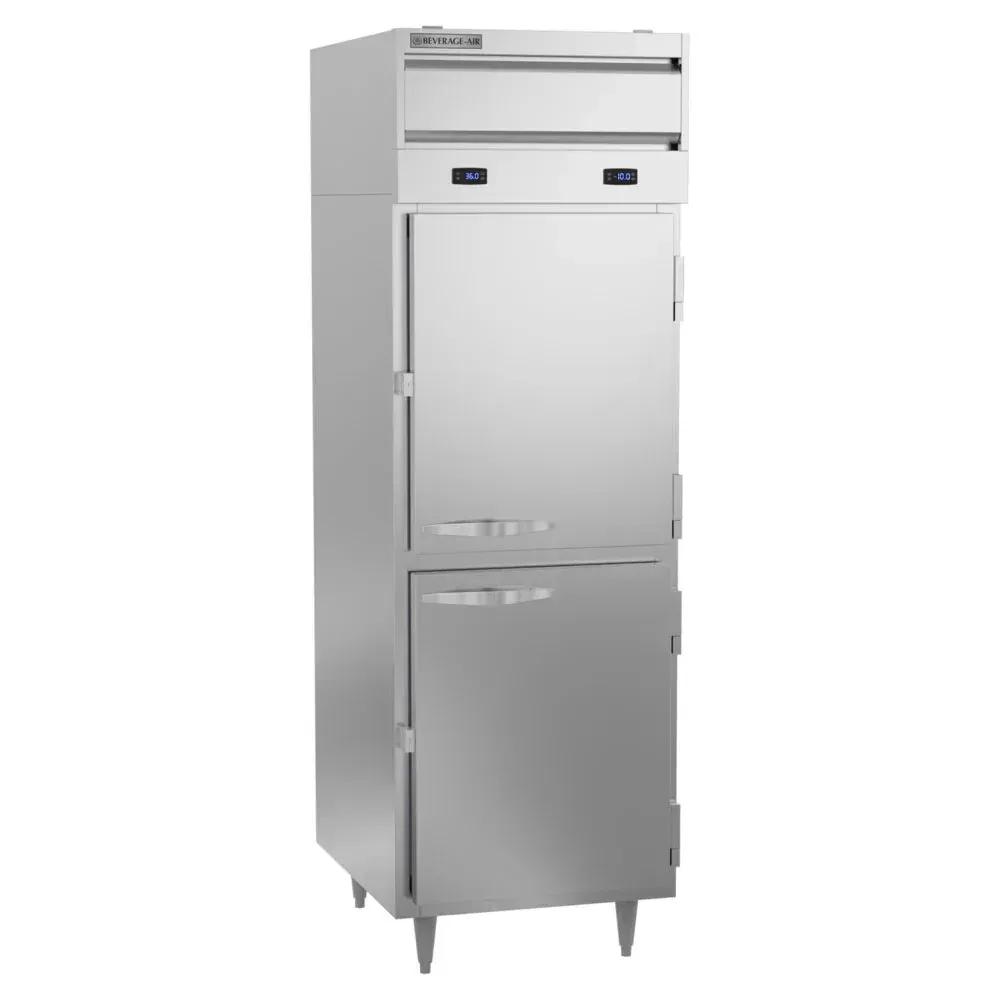 Single-section Beverage-Air dual-temp refrigerator and freezer combo with two solid half-doors, perfect for compact commercial kitchens.