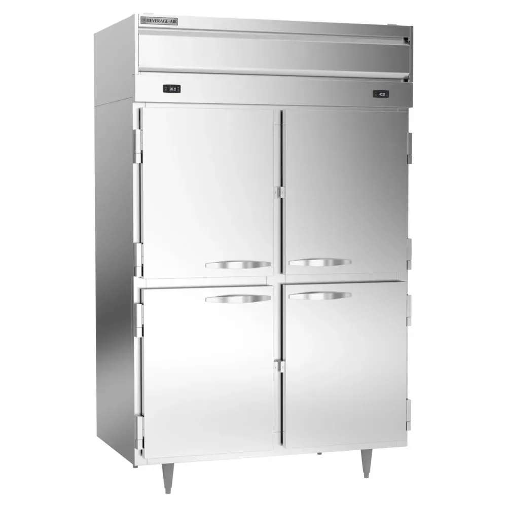 Dual-temperature Beverage-Air reach-in refrigerator and freezer with four solid half-doors, built for organized, energy-efficient kitchen storage.