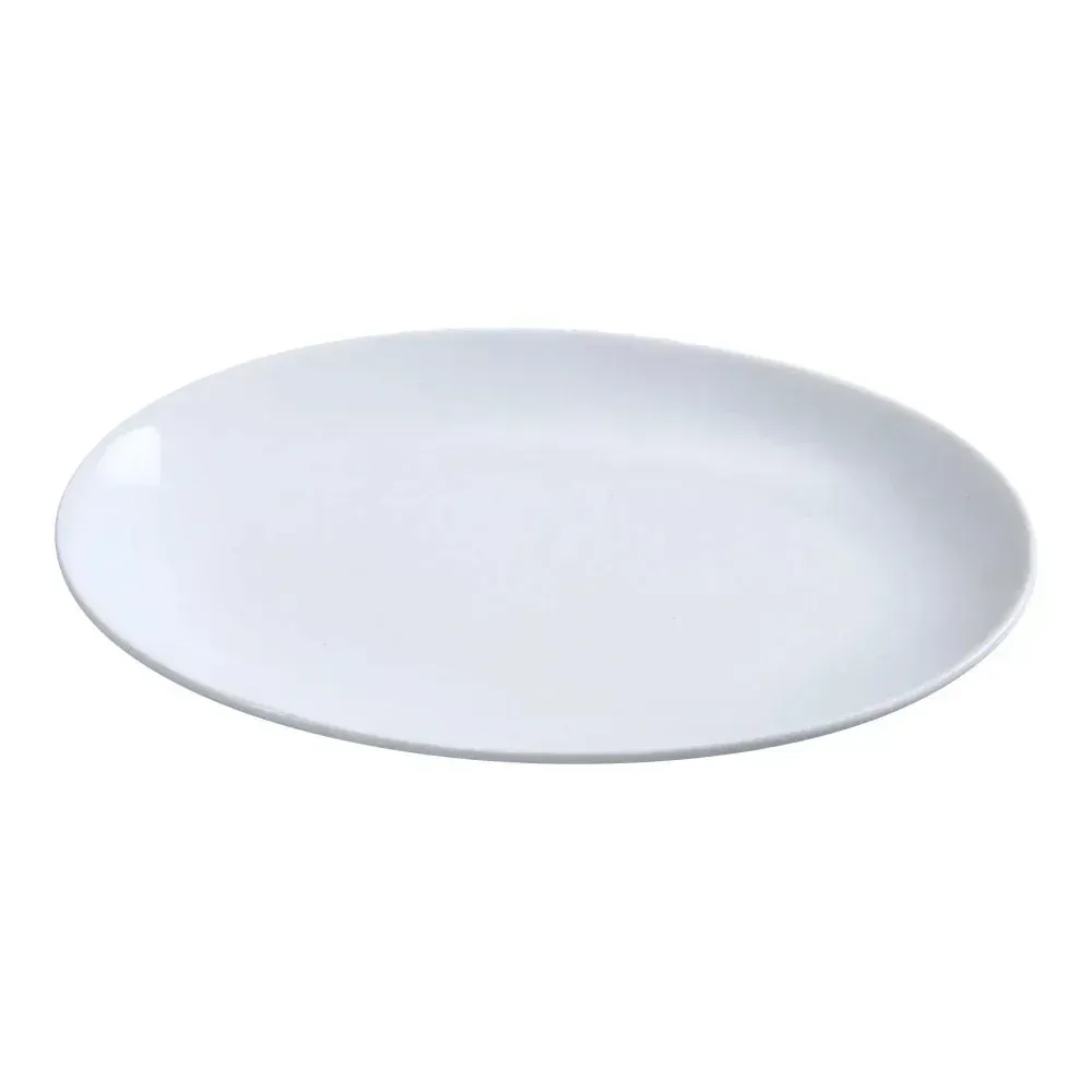 Yanco China contemporary white oval coupe chinaware platter brings modern elegance to entrees or shared tapas for refined upscale dining service.