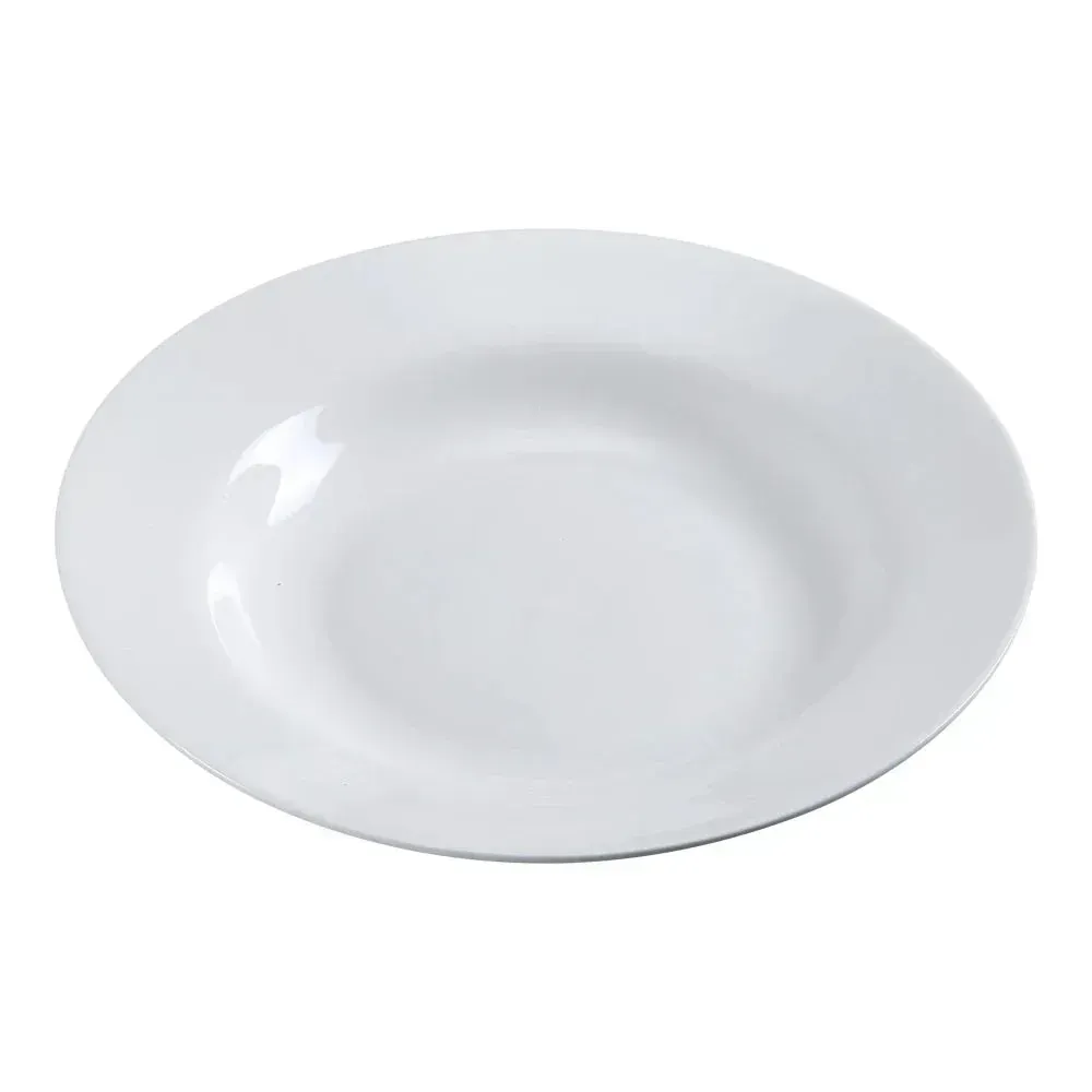 Yanco China deep white round pasta chinaware bowl cradles generous portions of noodles, salads, or shared appetizers in elegant upscale settings.