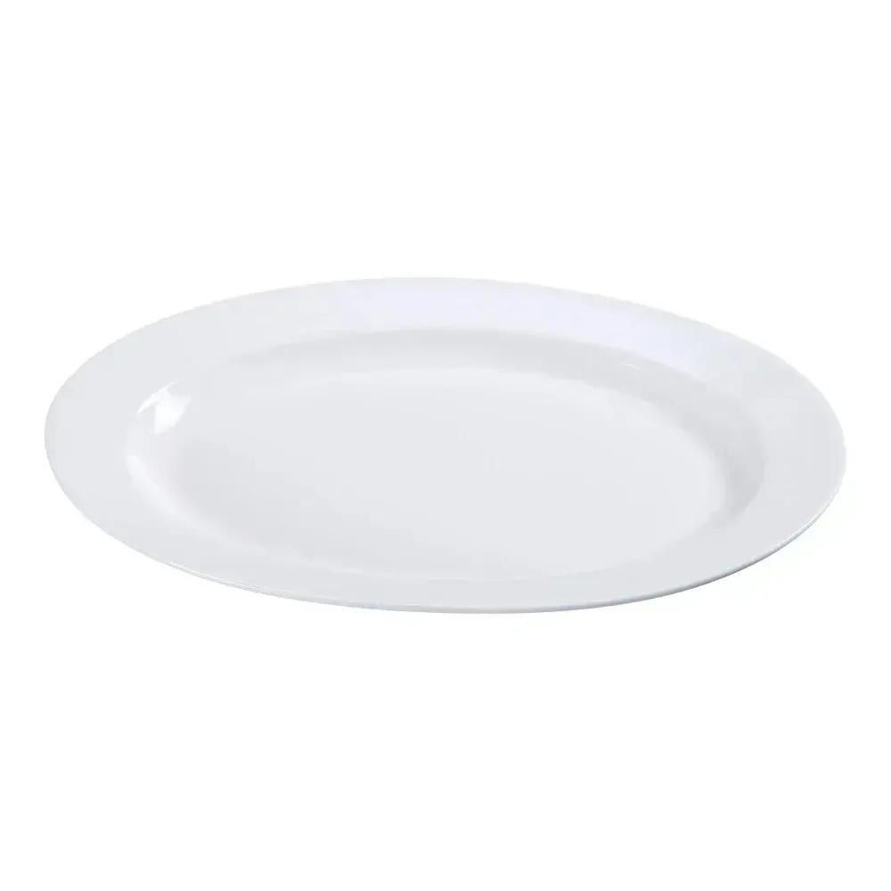 Yanco China medium white oval chinaware platter offers sleek understated presentation for mains or shared appetizers in fine hospitality service.
