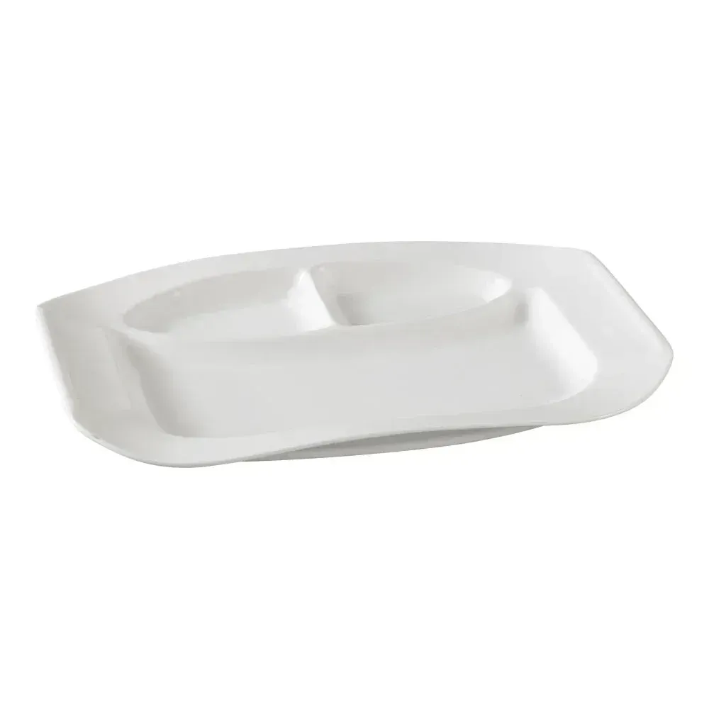 Yanco China classic white rectangular three-section chinaware plate keeps entrees, sides, and sauces neatly arranged for stylish buffet service.