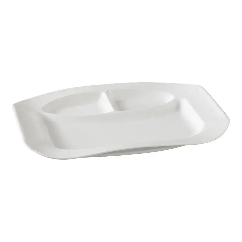Yanco China crisp white rectangular three-compartment chinaware plate ideal for tidy portion control serving in refined upscale dining service.