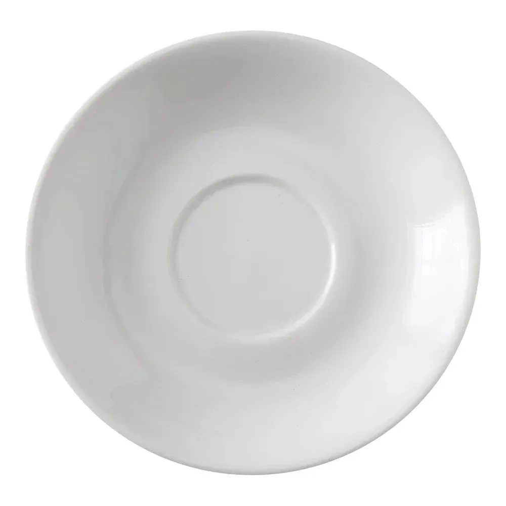 Yanco China minimalist white round chinaware saucer keeps tables tidy under cups while adding a refined touch to coffee and tea beverage service.