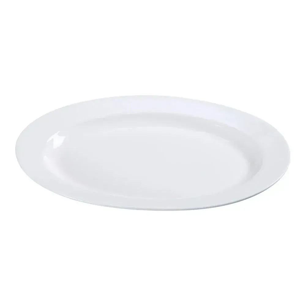 Yanco China oval white chinaware platter delivering timeless elegance for entrees or shared appetizers at banquets, catered events, or dining.