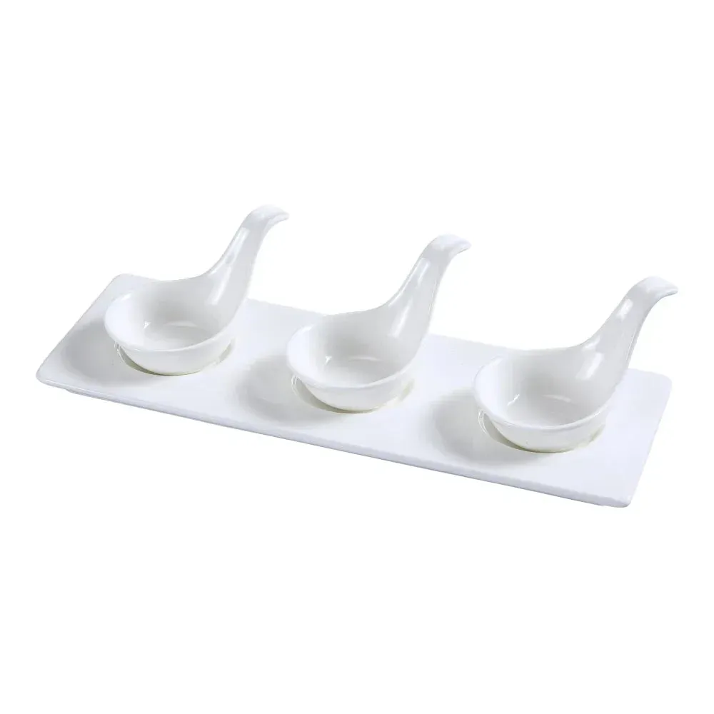 Yanco China sleek Piscataway condiment server with three spoons and narrow tray designed for refined buffet displays or upscale dining service.