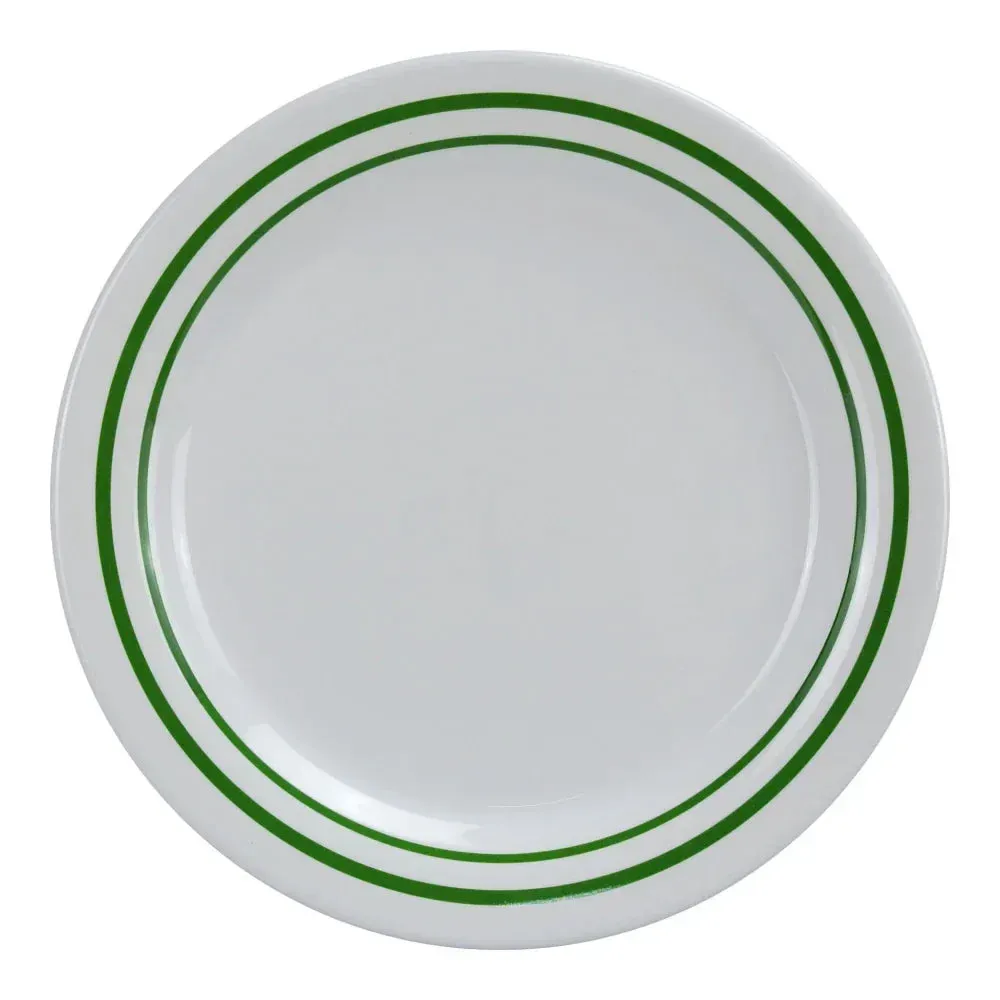 Yanco China small pine tree melamine round plate perfect for bread, appetizers, or desserts in cabin-style dining or rustic lodge hospitality service.