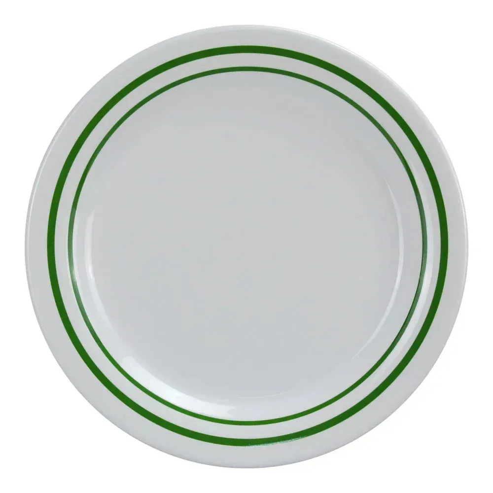 Yanco China durable pine tree melamine round plate suits lodge-inspired dinners, chip-resistant and ideal for rustic-themed dining presentations.