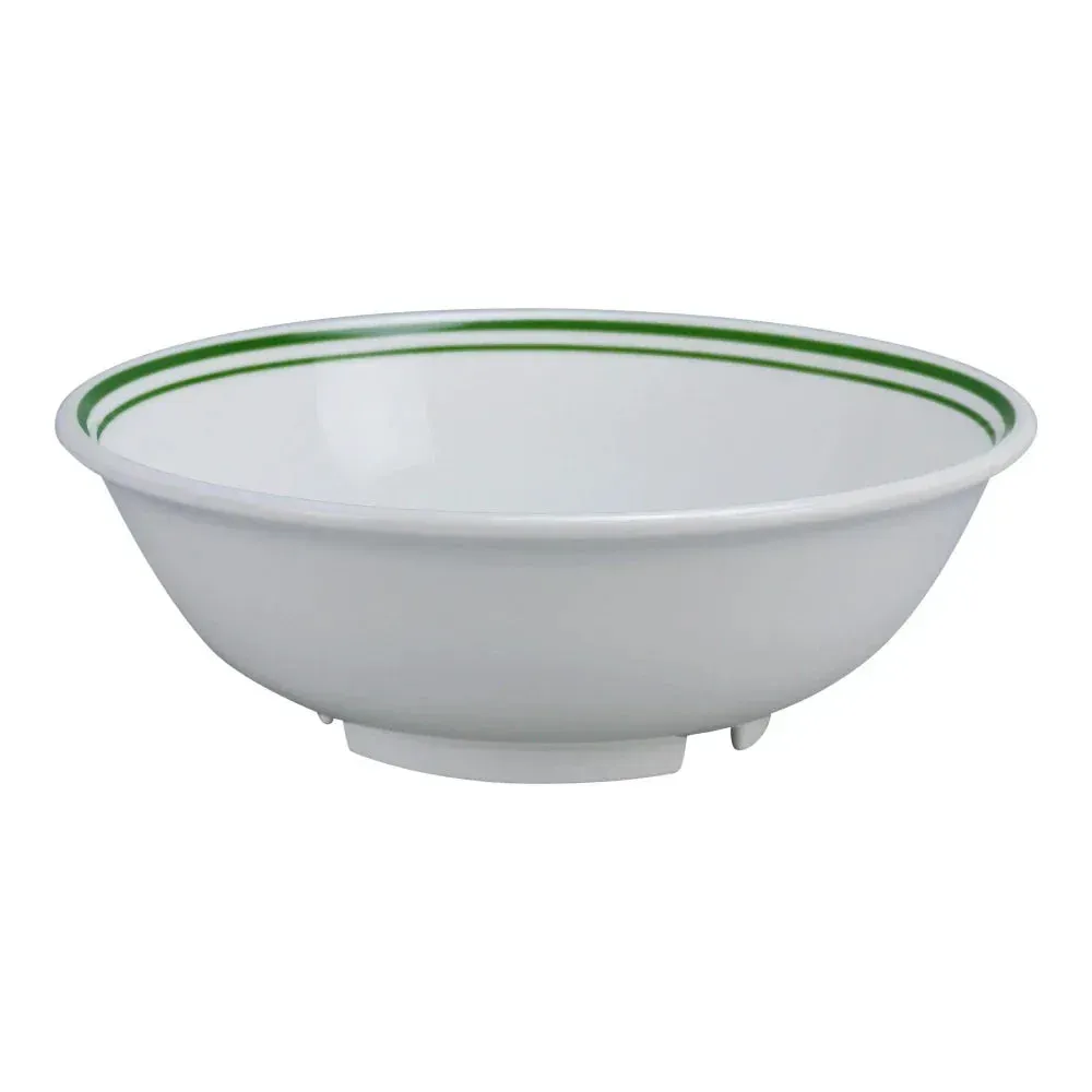 Yanco China pine tree melamine rim soup bowl with rustic lodge style design, perfect for hearty soups and stews in high-volume service.