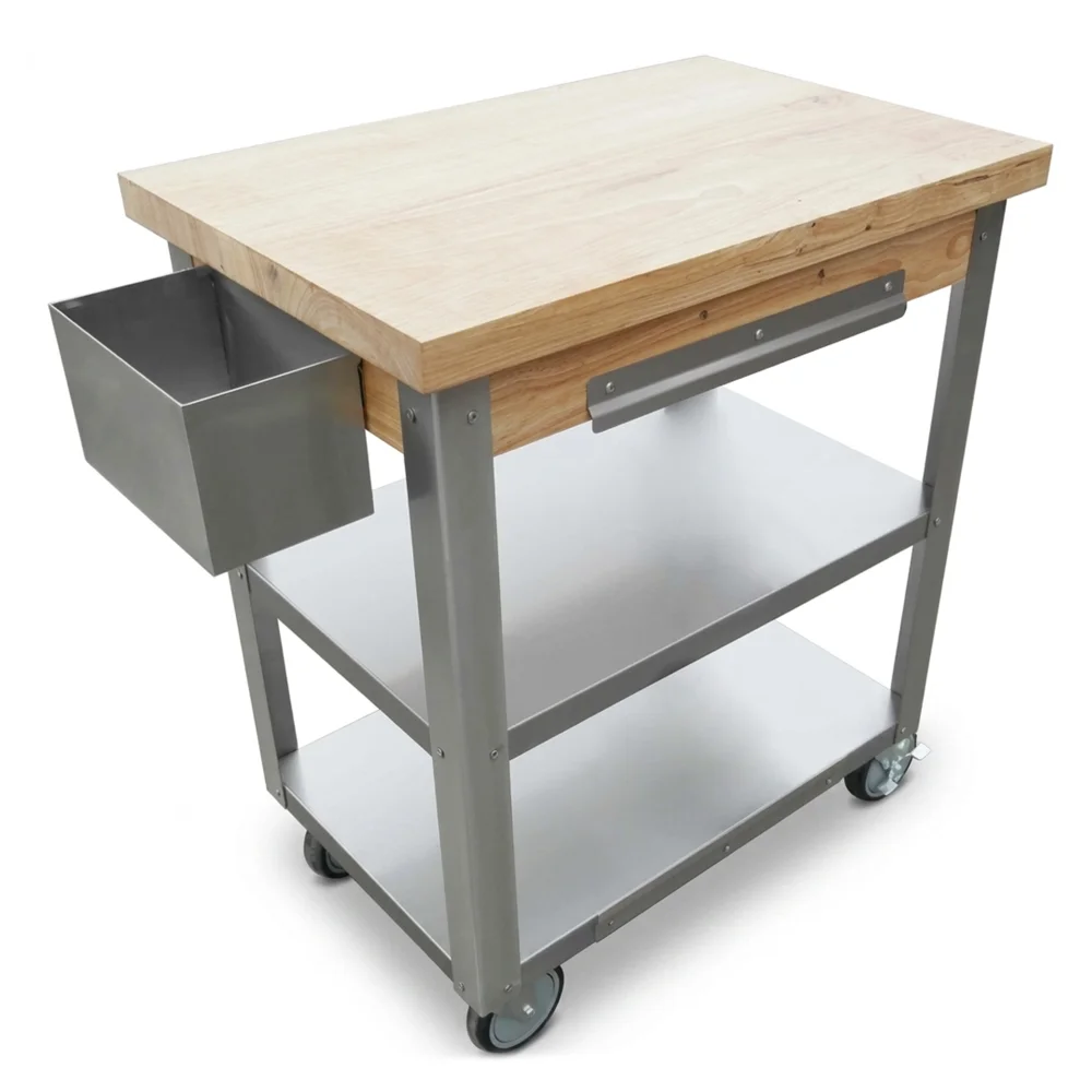 ProKitchen Series 20" X 30" Stainless Steel Utility Trolley Cart with Wood Top and Undershelves