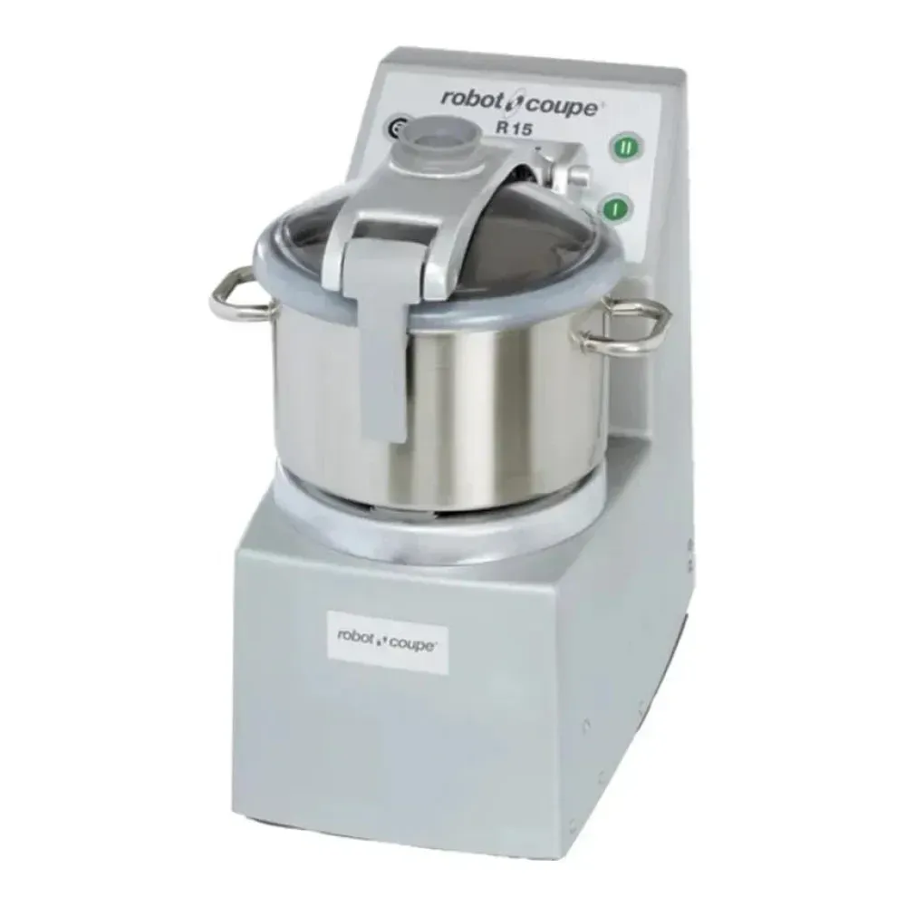 Robot Coupe stainless batch bowl food processor with mini bowl, suitable for both small and large prep tasks in compact commercial kitchen settings.