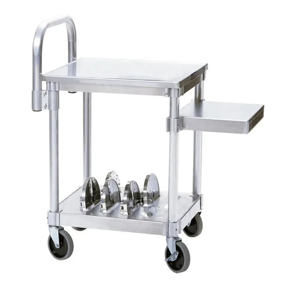 Robot Coupe stainless steel mobile cart with wheels and ergonomic handles for safe, efficient transport of food boxes in busy kitchens.