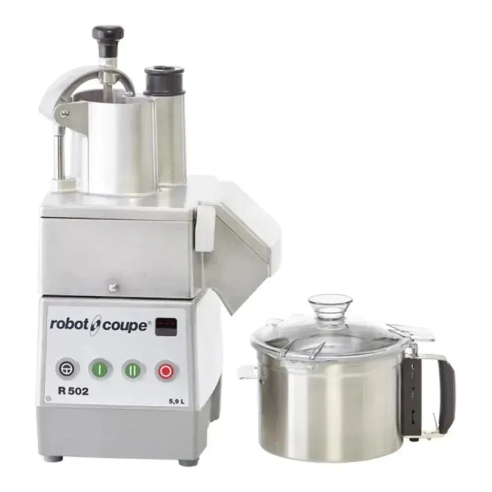 Robot Coupe two-speed food processor with stainless bowl and two discs, offering versatile slicing and shredding performance in commercial kitchens.