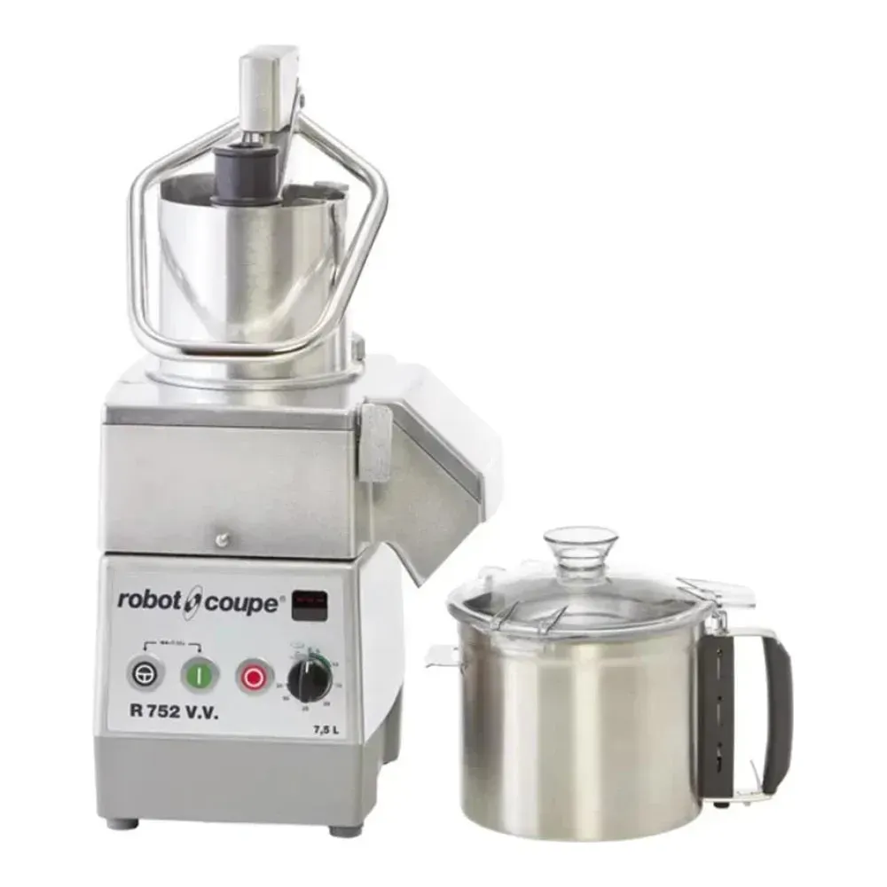 Robot Coupe large food processor with cutter bowl and vegetable prep attachment, stainless build designed for high-output commercial kitchen work.
