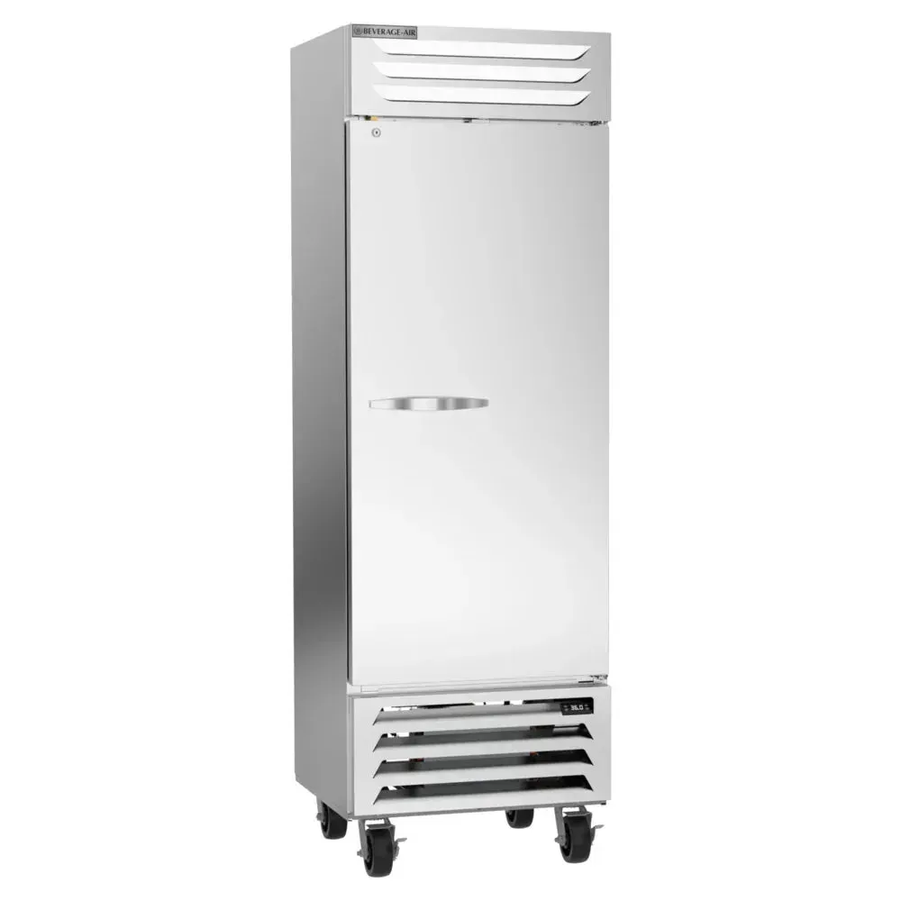Beverage-Air single-door reach-in refrigerator with solid stainless steel door, compact and durable for efficient food storage in commercial kitchens.