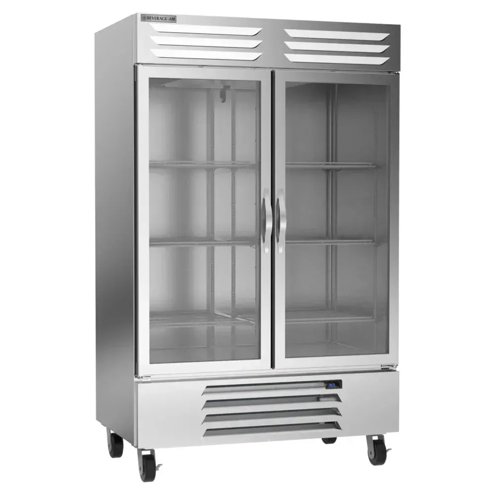 Beverage-Air two-section reach-in refrigerator with glass doors, ideal for checking inventory while maintaining consistent chilled temperatures.