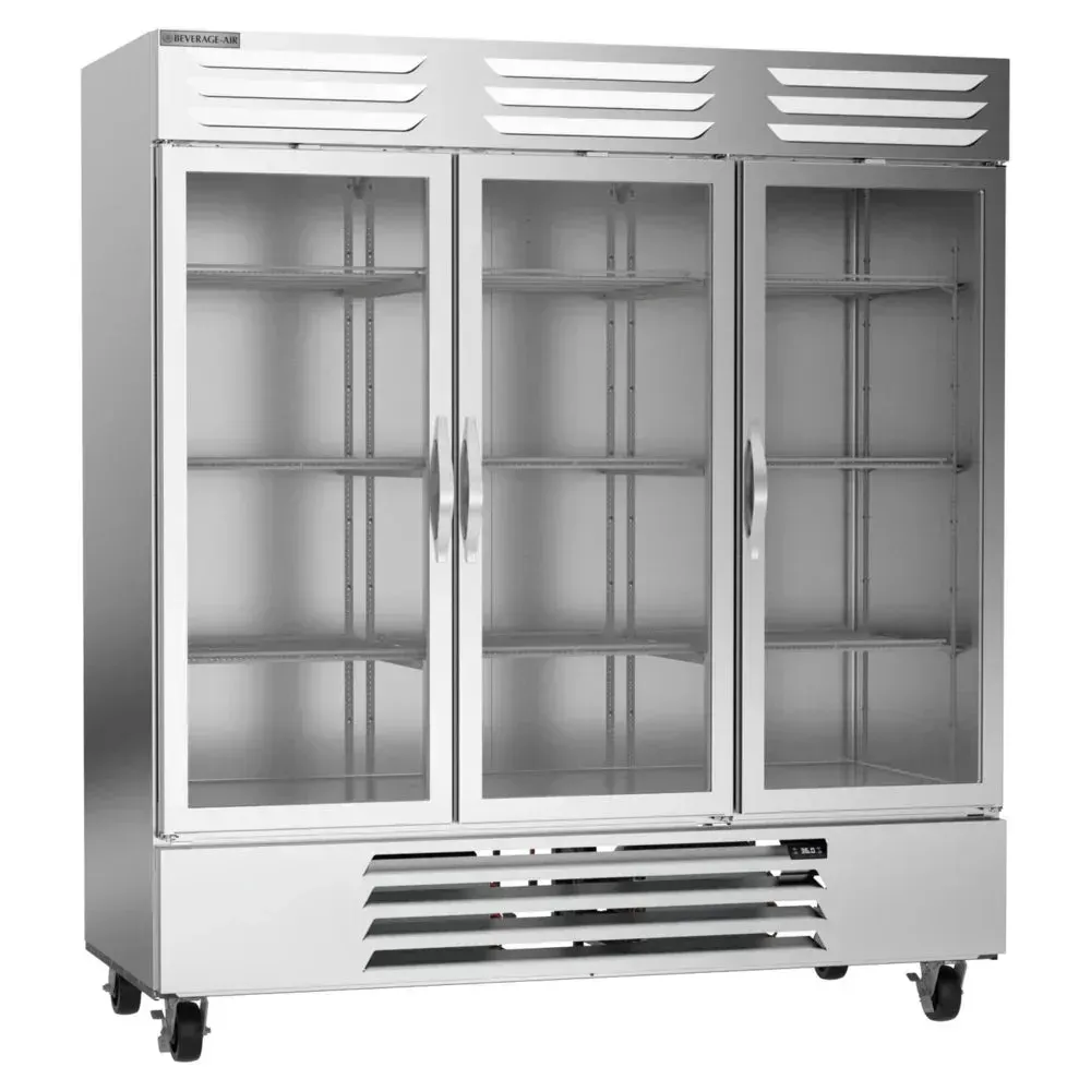 Beverage-Air three-section reach-in refrigerator with glass doors, perfect for displaying a variety of products while keeping them chilled.