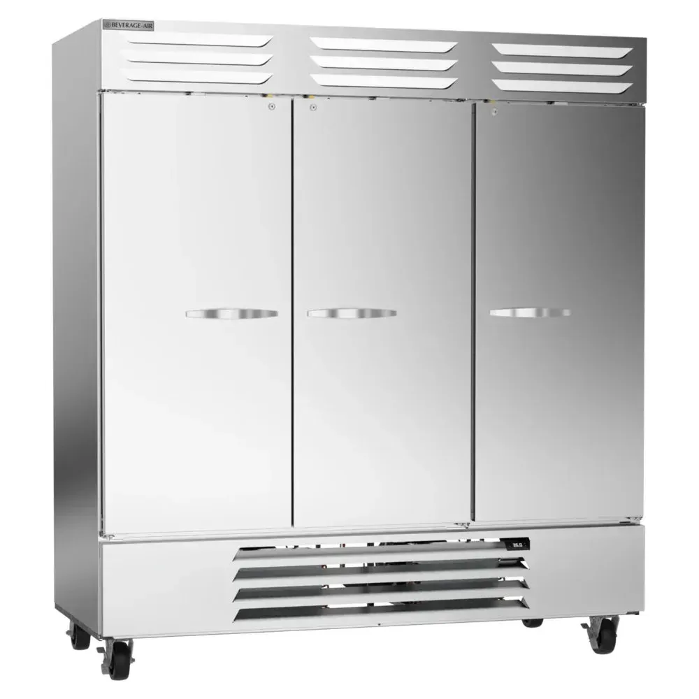 Three-section Beverage-Air reach-in refrigerator with solid doors, offering large-capacity chilled storage for hotels, restaurants, and catering spaces.