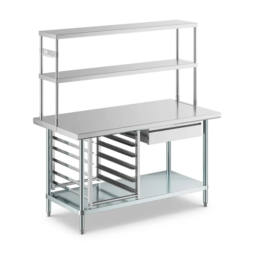 30" x 60" 18 Gauge Work Table with Undershelf, 12" Overshelf, Drawer, Pot Rack, and Bun Pan Rack, 304 Stainless Steel