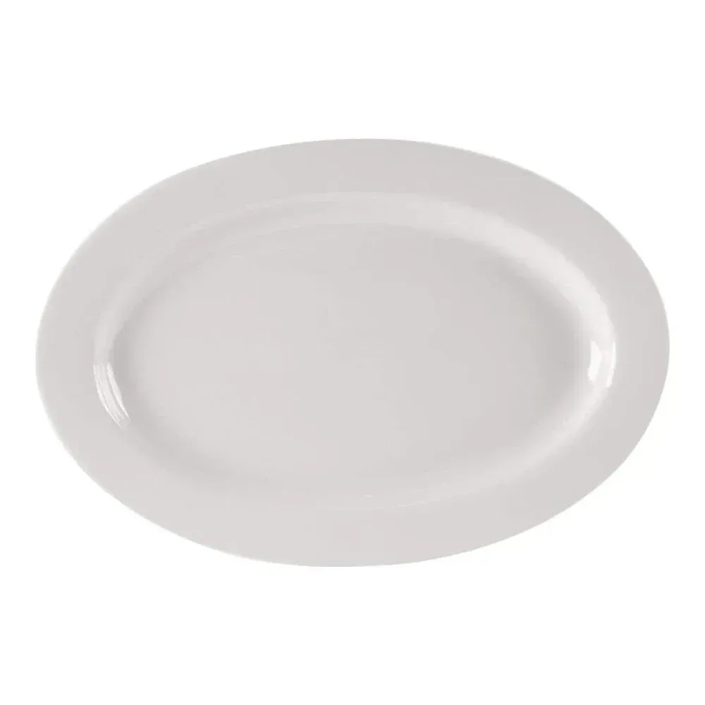 Yanco China elegant white recovery oval platter perfect for institutional entrée presentation, offering generous space and a clean, modern appearance.