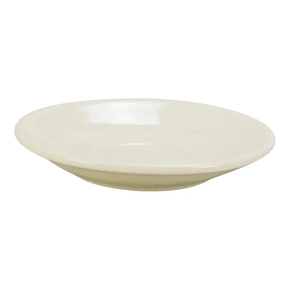 Yanco China compact white recovery saucer fits institutional cups, pairing perfectly with coffee or tea in healthcare and cafeteria service.