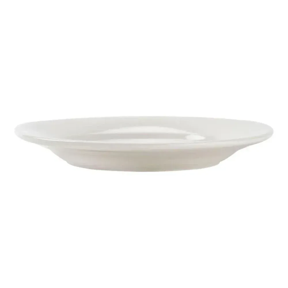 Yanco China white recovery saucer complements espresso cups for refined coffee service in hotels, restaurants, and upscale hospitality settings.