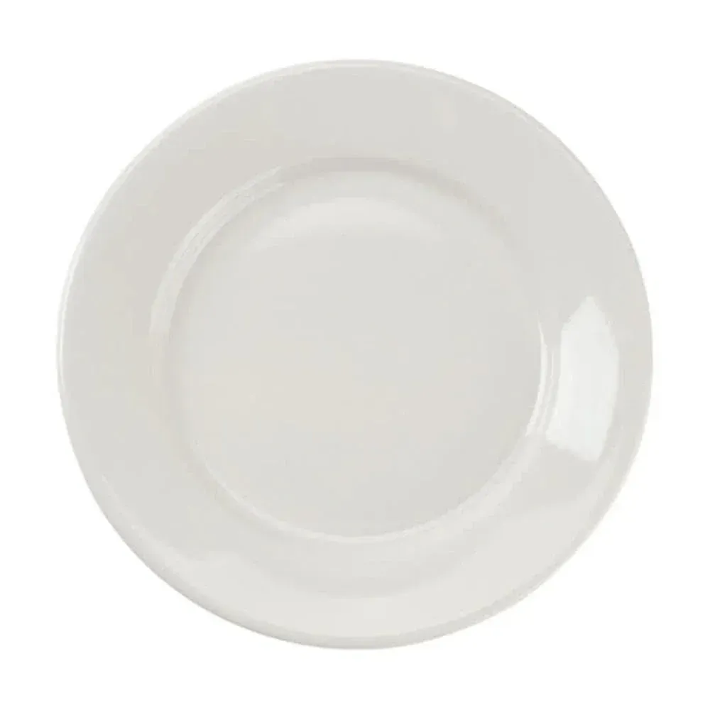 Yanco China crisp white ceramic butter plate for fresh bread service in commercial dining, with durable glossy finish and easy dishwasher cleanup.