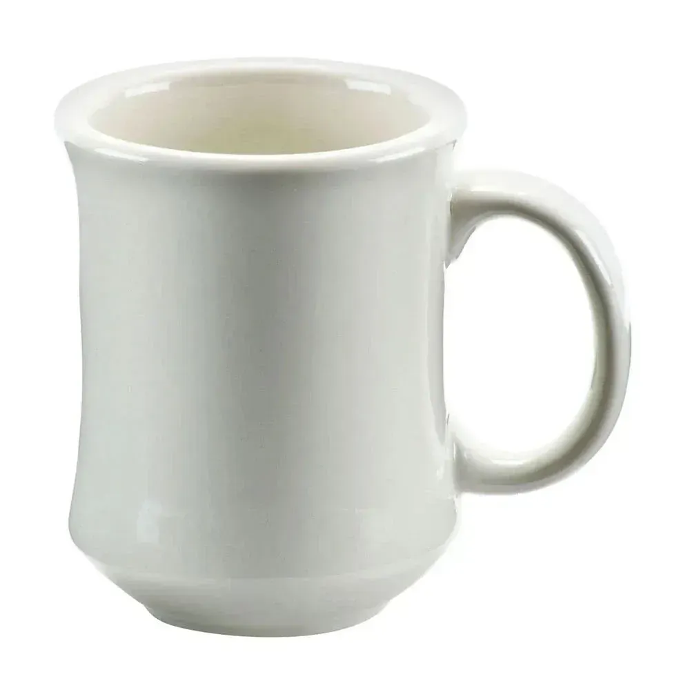 Yanco China white recovery provo mugs for cappuccino or tea service, sleek profile with ergonomic handle, microwave and dishwasher safe.
