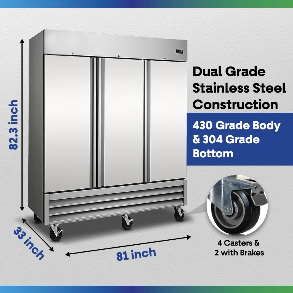 Serv-Ware RF3-HC 81" Reach-In Freezer, 3 Solid Doors, Stainless Steel, 230v/1ph, 72 cu.ft.
