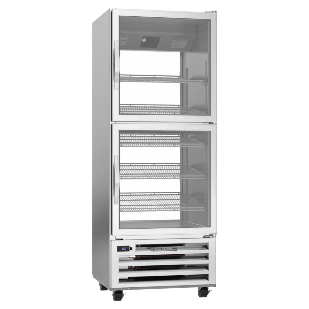Beverage-Air pass-thru refrigerator with two glass half-doors, offering clear product visibility and convenient dual-side access.