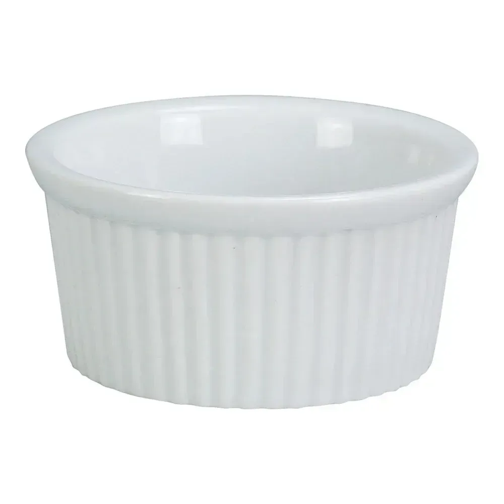 Yanco China white porcelain fluted ramekin dishes for condiments or butter, oven and dishwasher safe, ideal for jams, sauces, or mini desserts.