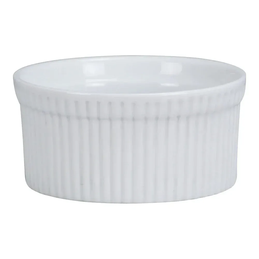 Yanco China white porcelain fluted ramekin dishes for soufflés or side dishes, elegant oven-safe design ideal for crème brûlée or baked pasta.