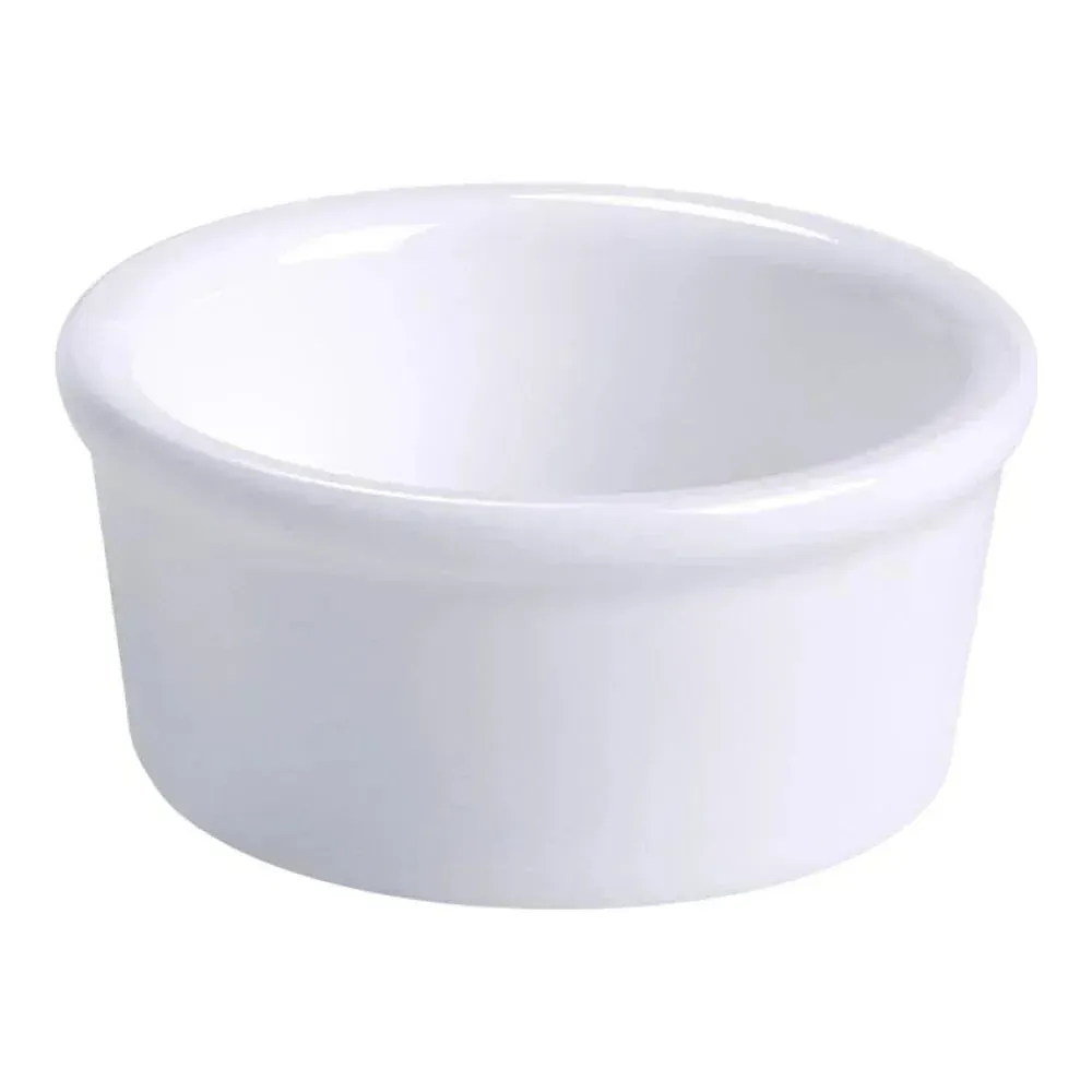 Yanco China white porcelain ramekin dishes for sauces or condiments, stackable classic design, oven and dishwasher safe for versatile use.