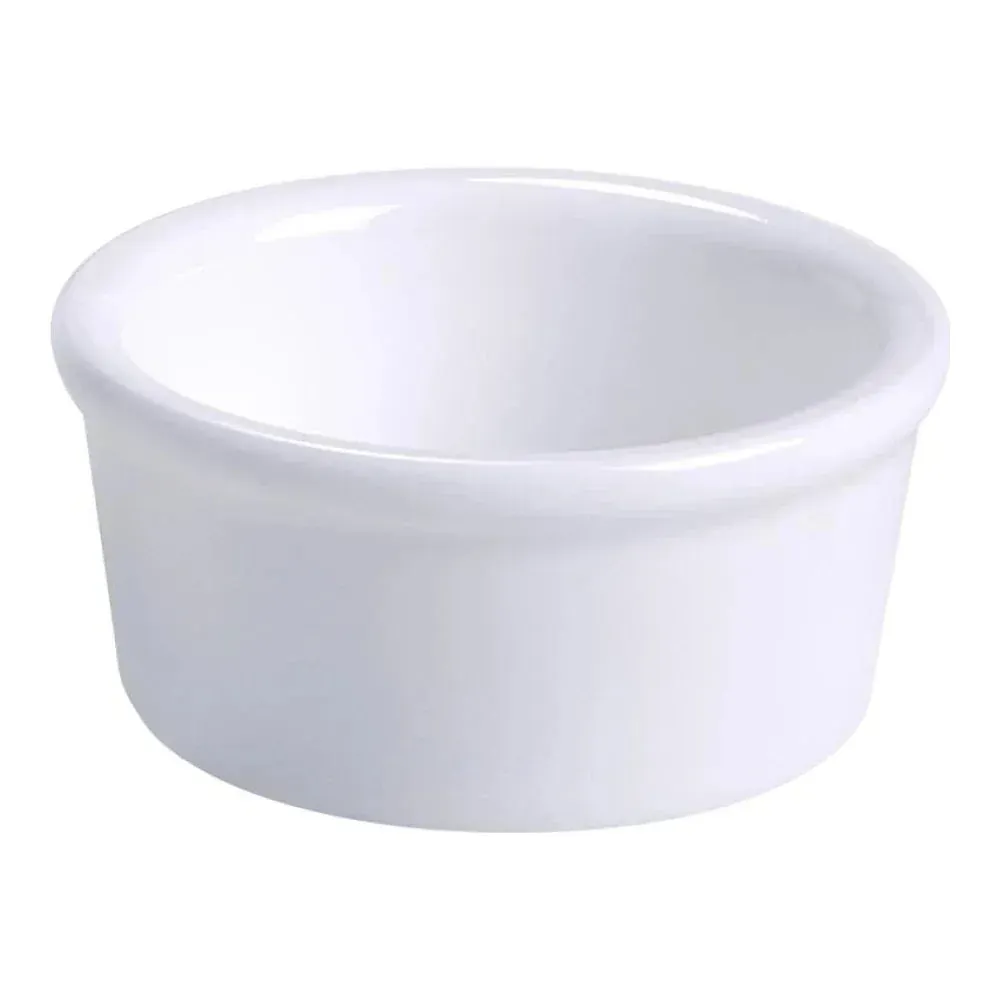 Yanco China white porcelain ramekin dishes ideal for restaurant appetizers or hotel breakfasts, sleek round shape fits crème caramel or compote.