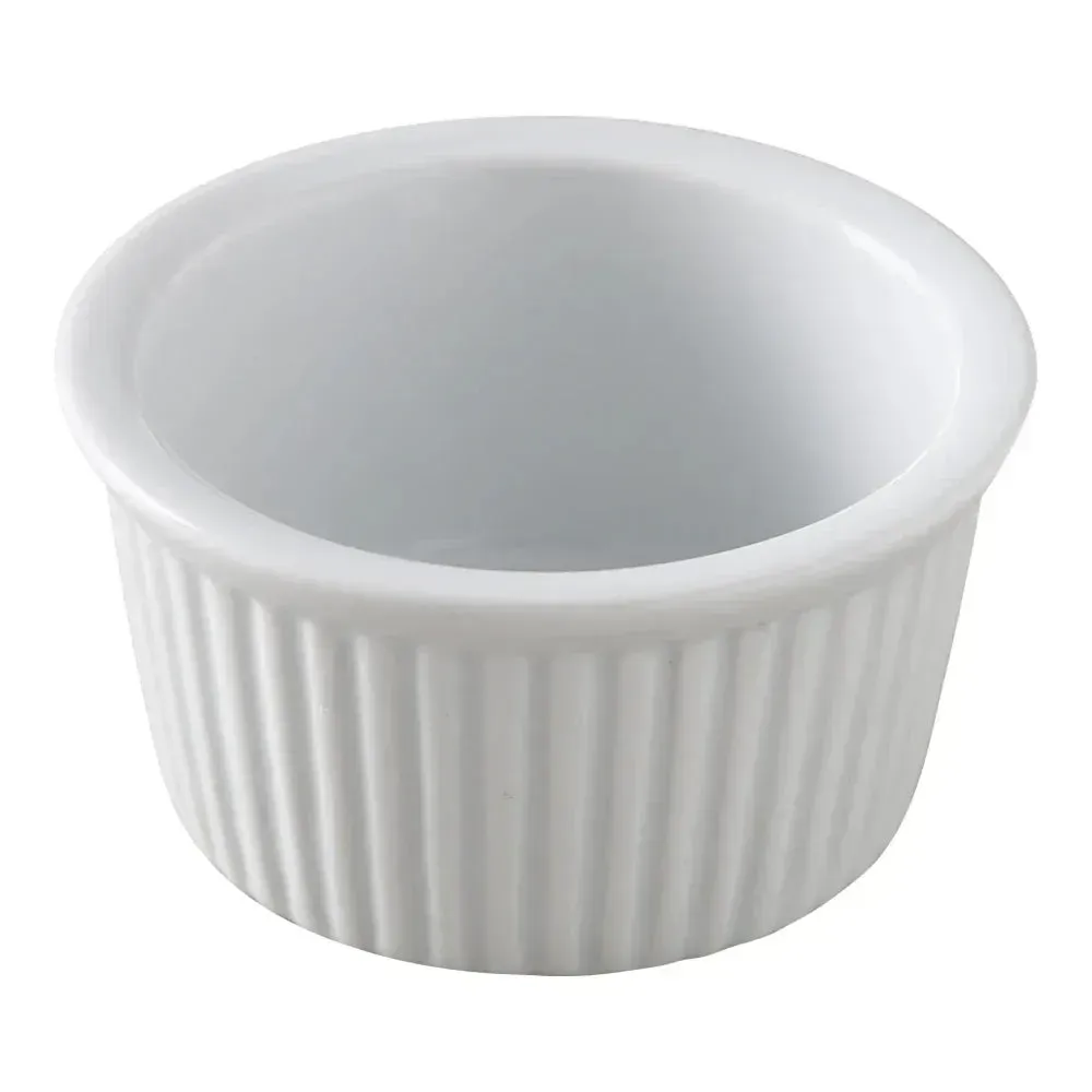 Yanco China white porcelain fluted ramekin for soufflés or desserts, with oven, microwave, and dishwasher safe design for professional horeca use.
