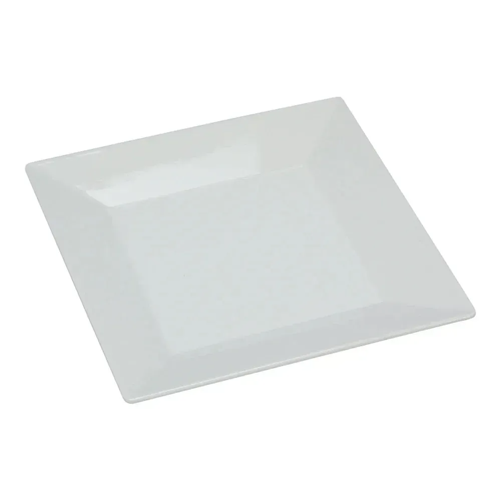 Yanco China white melamine square Rome plate with classic clean design, suited for hotels, banquets, catered events, or daily dining operations.