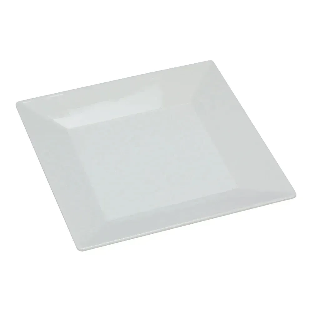 Yanco China white melamine square Rome plate with timeless square shape, perfect for upscale banquets, fine dining, or contemporary table settings.