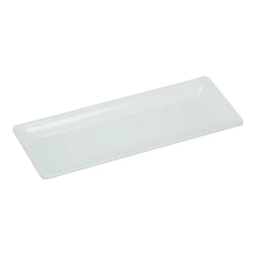 Yanco white melamine rectangular Rome plate, compact and versatile, ideal for serving appetizers, sides, or main courses in restaurants and cafes.