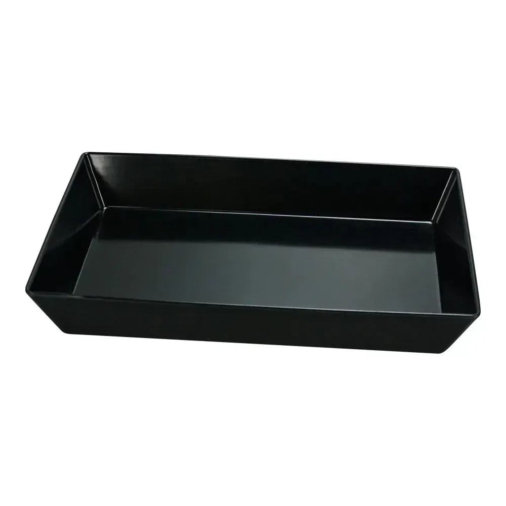 Yanco black melamine rectangular Rome plate, elegant and practical, ideal for serving main courses, sides, or appetizers in restaurants and cafes.