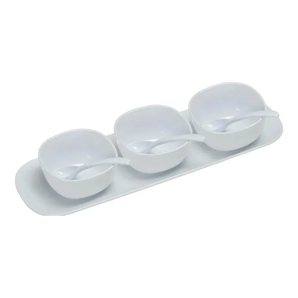 Yanco China white melamine Rome condiment server set with saucers, bowls, and spoons, perfect for neat, stylish, and organized tabletop service.