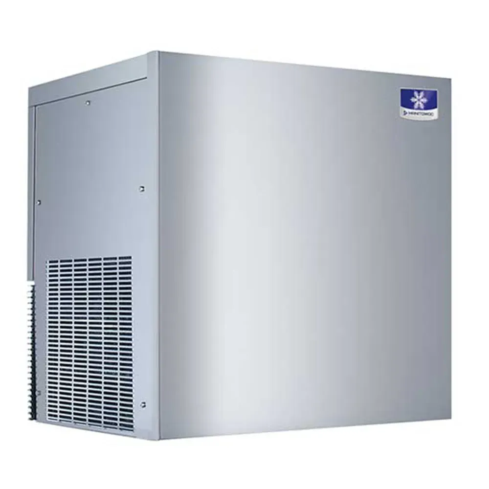Manitowoc commercial nugget ice machine with stainless steel construction and side ventilation grille for high-volume ice production in food service.