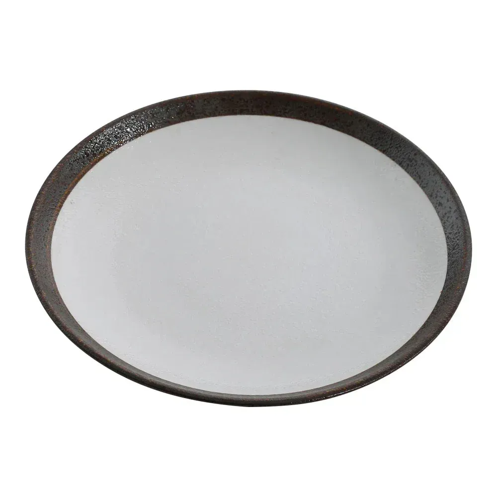 Yanco China two-tone round coupe dinner plate in white and taupe, elegant design, ideal for serving main courses at events or restaurants.