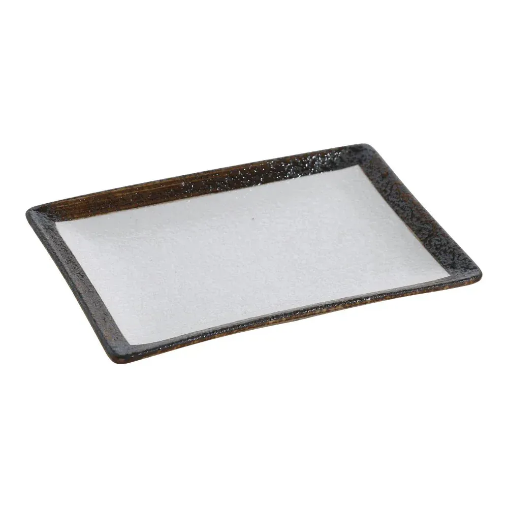 Yanco China two-tone rectangular plate in white and taupe, compact style, ideal for hors doeuvres, small servings, or plated desserts.