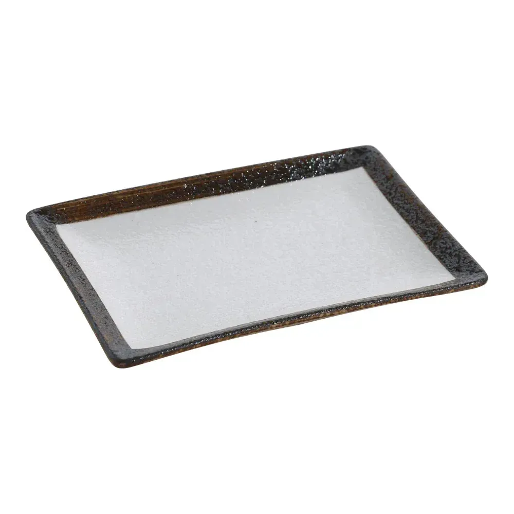 Yanco China two-tone rectangular plate in white and taupe, sleek style, perfect for tapas, shared plates, or stylish entrées in modern dining.