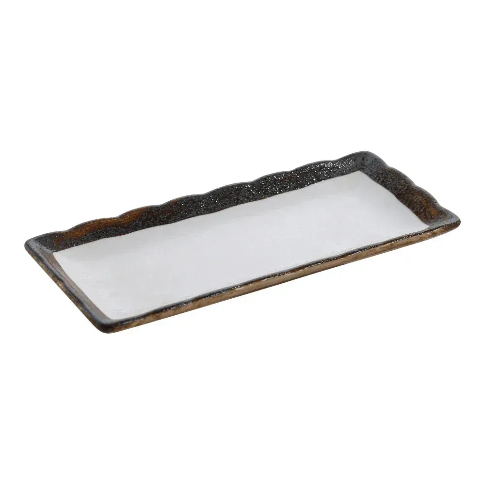 Yanco China two-tone rectangular sushi plate in white and taupe, elongated style, ideal for sushi rolls or elegant appetizer presentations.