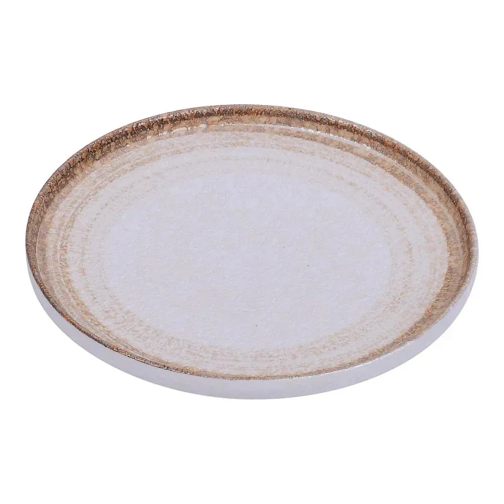 Yanco China two-tone chinaware round plate in white and taupe coupe style, perfect for crisp salads, sides, or plated desserts.