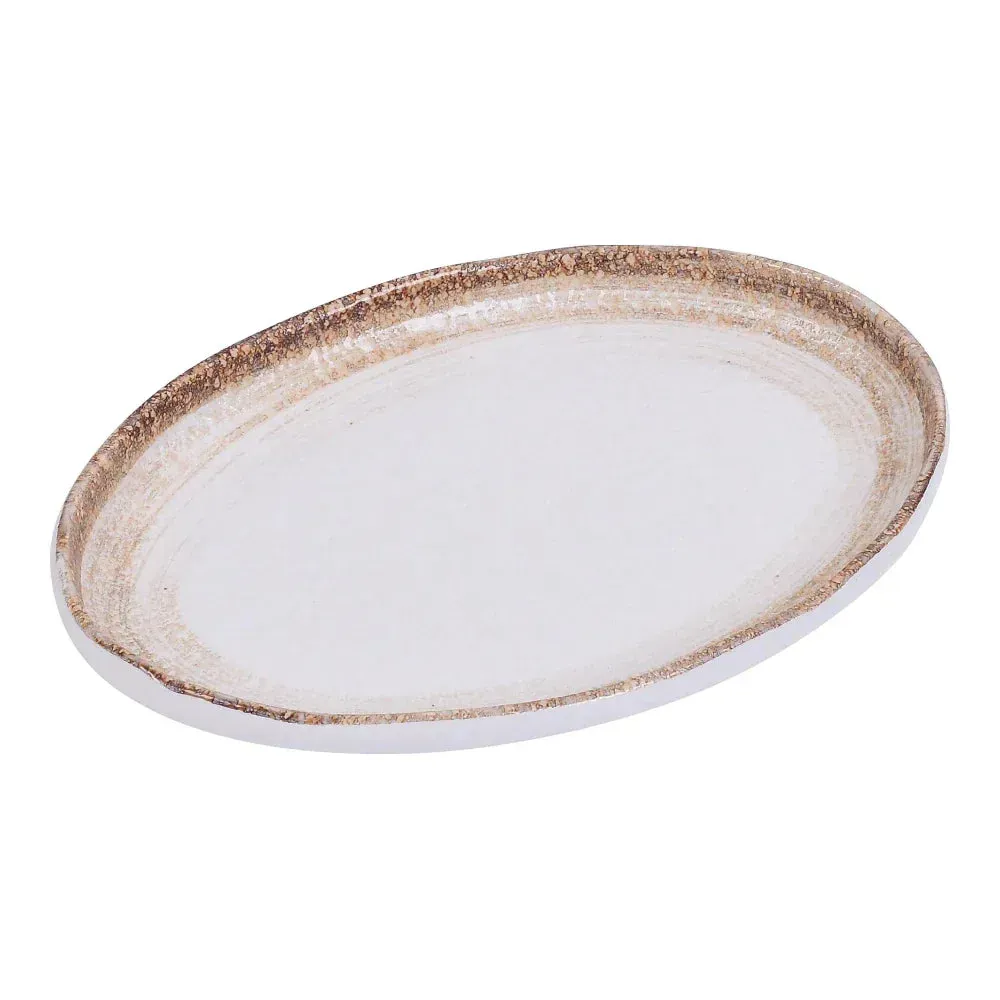 Yanco China two-tone chinaware dinner platter in white and taupe small oval style, ideal for shared starters or side dish service.