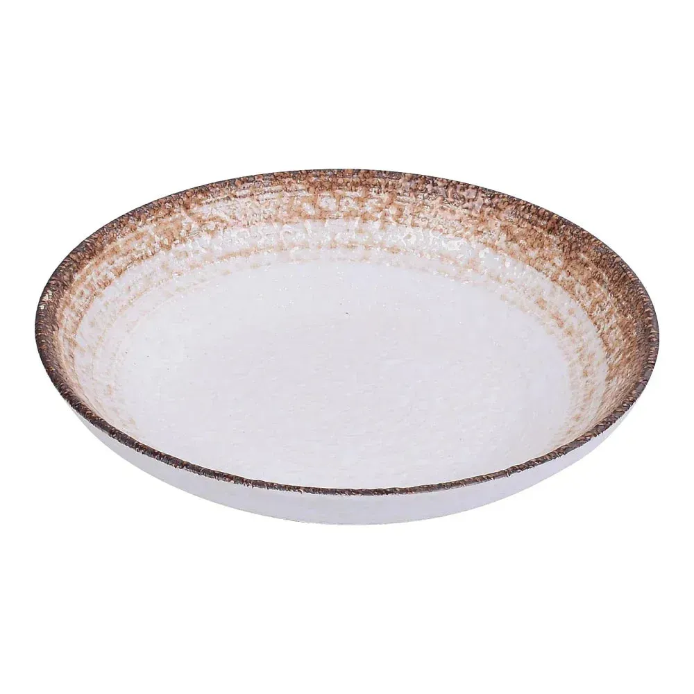 Yanco China two-tone chinaware salad soup plate in white and taupe coupe design, versatile for soups, fresh salads, or plated entrées.