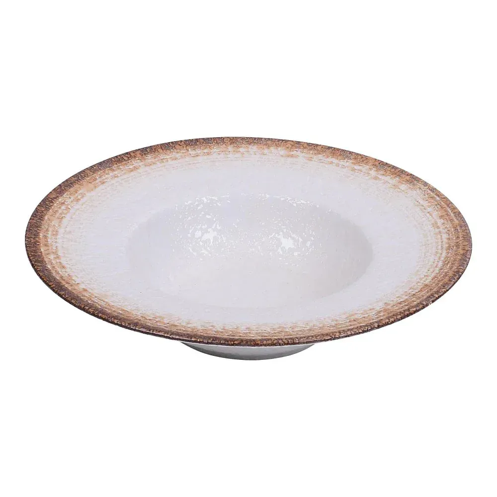 Yanco China two-tone chinaware dessert soup plate in white and taupe coupe design, perfect for plated starters, sweets, or small portions.