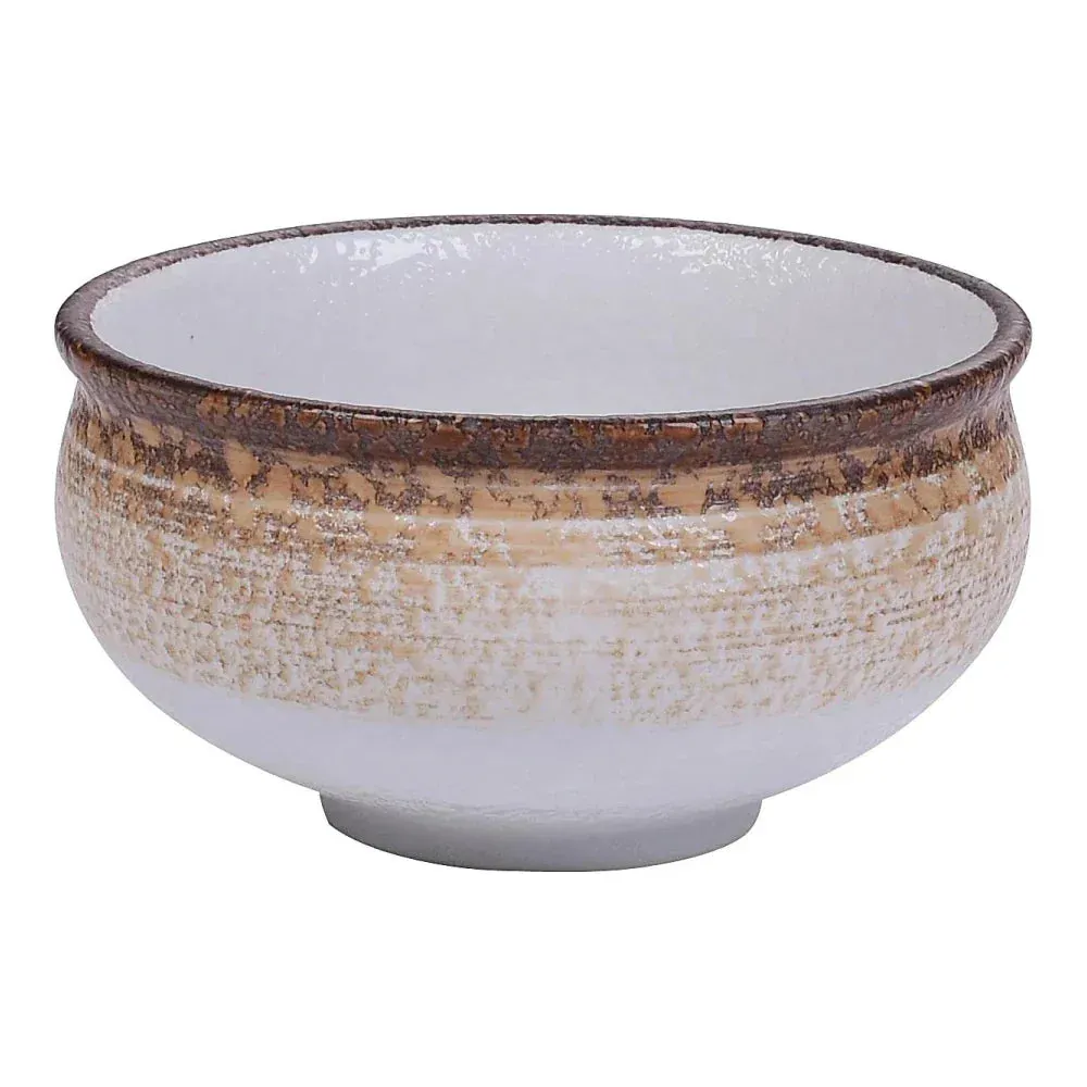 Yanco China porcelain two-tone onion soup crock in white and taupe with handles, perfect for oven-baked soups or hearty individual servings.
